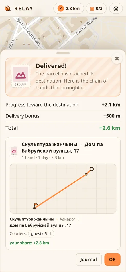 Relay: a parcel delivered, with the chain of hands
