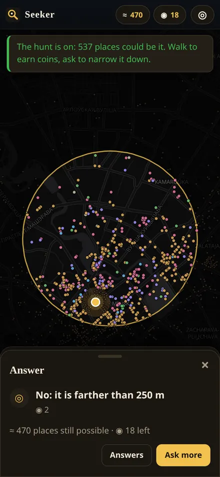 Seeker: the search circle after a radar question